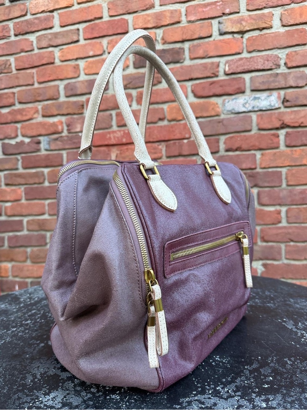 Liebeskind Berlin Two-Tone Maroon Satchel with Cream Handles